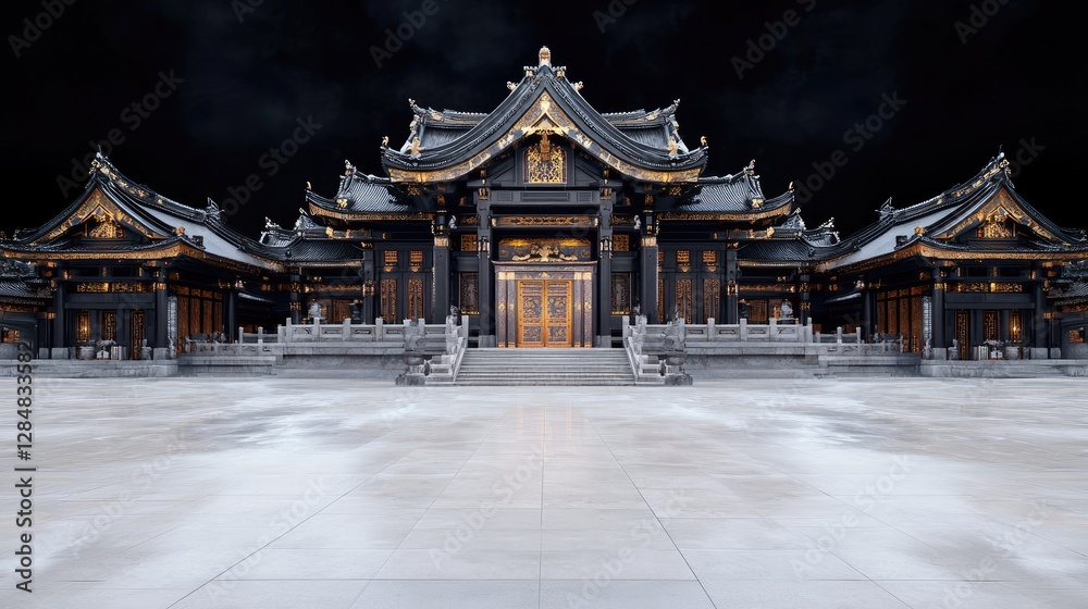 Fototapeta premium Dark, grand Japanese temple facade, front view, digitally rendered