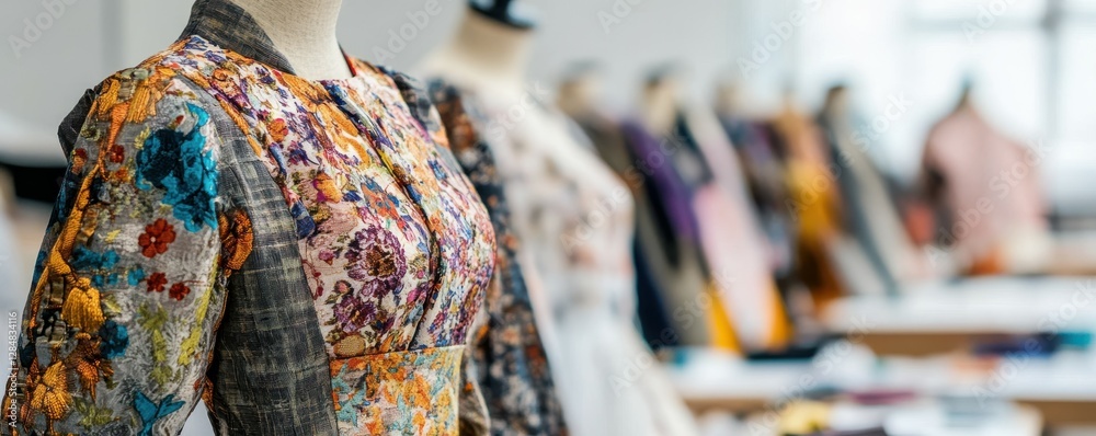 Fototapeta premium Colorful garments on mannequins in a fashion design studio