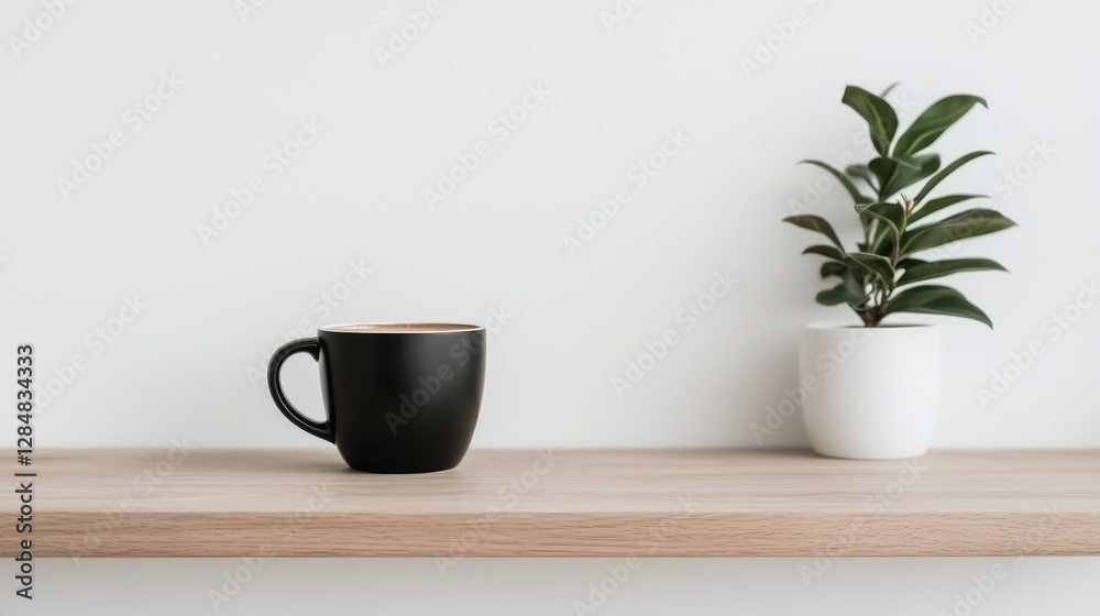 Simple shelf with coffee cup and plant Simple shelf with coffee cup and plant