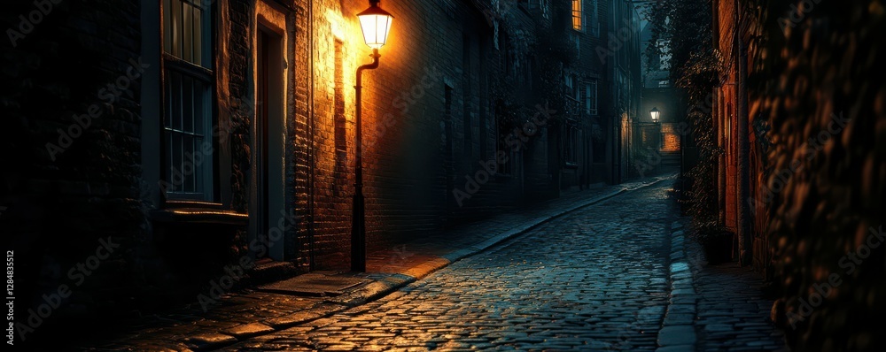 Fototapeta premium Mysterious nighttime cobblestone alley lit by warm street lanterns