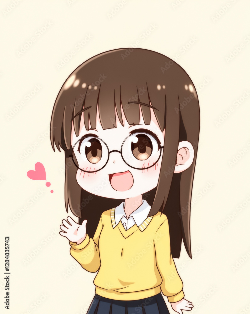 cheerful young girl with brown hair wearing glasses and a yellow sweater waves a greeting. cheerful young girl with brown hair wearing glasses and a yellow sweater waves a greeting.