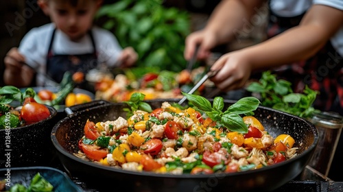 Children cooking pasta dish, outdoor kitchen, summer