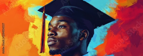 Proud young graduate in cap against vibrant artistic background with bright orange and blue colors