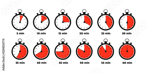 Vector timer clock stopwatch icons isolated on white background.	