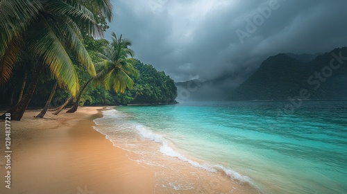 Fototapeta Naklejka Na Ścianę i Meble -  Tropical beach scene, dramatic clouds, calm waves, secluded paradise