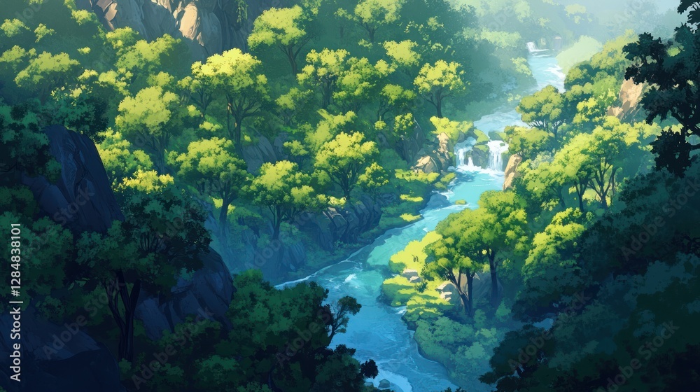 Serene River Valley: A Digital Painting of Tranquil Nature Serene River Valley: A Digital Painting of Tranquil Nature