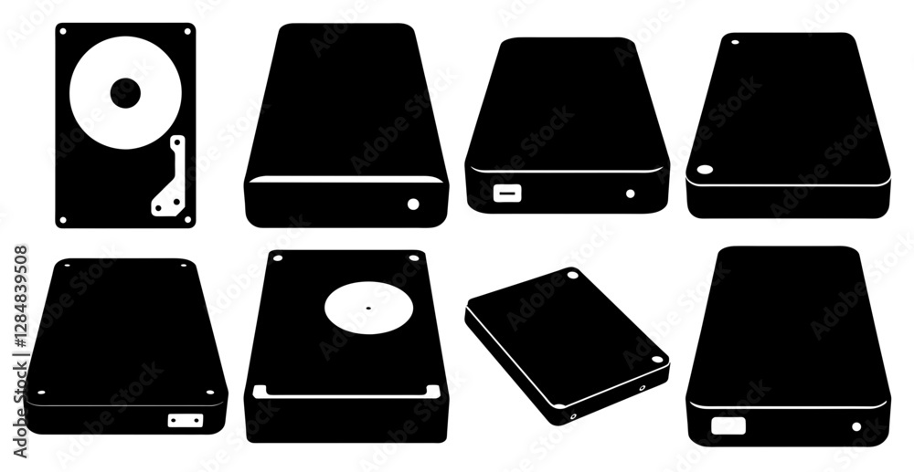 Modern External Hard Drive Silhouette for Data Storage Design Icon Bundle 