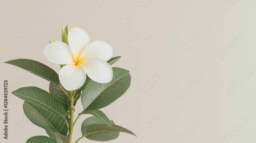 Fototapeta premium Single white plumeria flower, green leaves, neutral background; spa, wellness