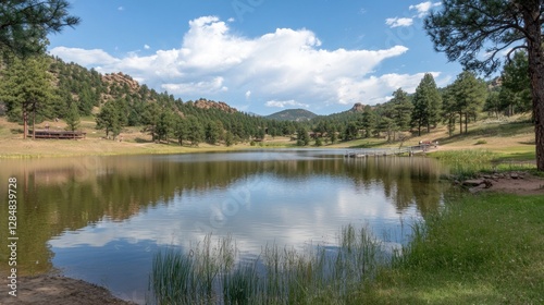 Serene lake surrounded by lush green trees and mountains, with a clear blue sky reflecting on the water, ideal for nature enthusiasts