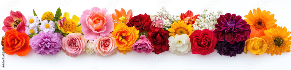 A vibrant arrangement of various colorful flowers displayed horizontally. A vibrant arrangement of various colorful flowers displayed horizontally.