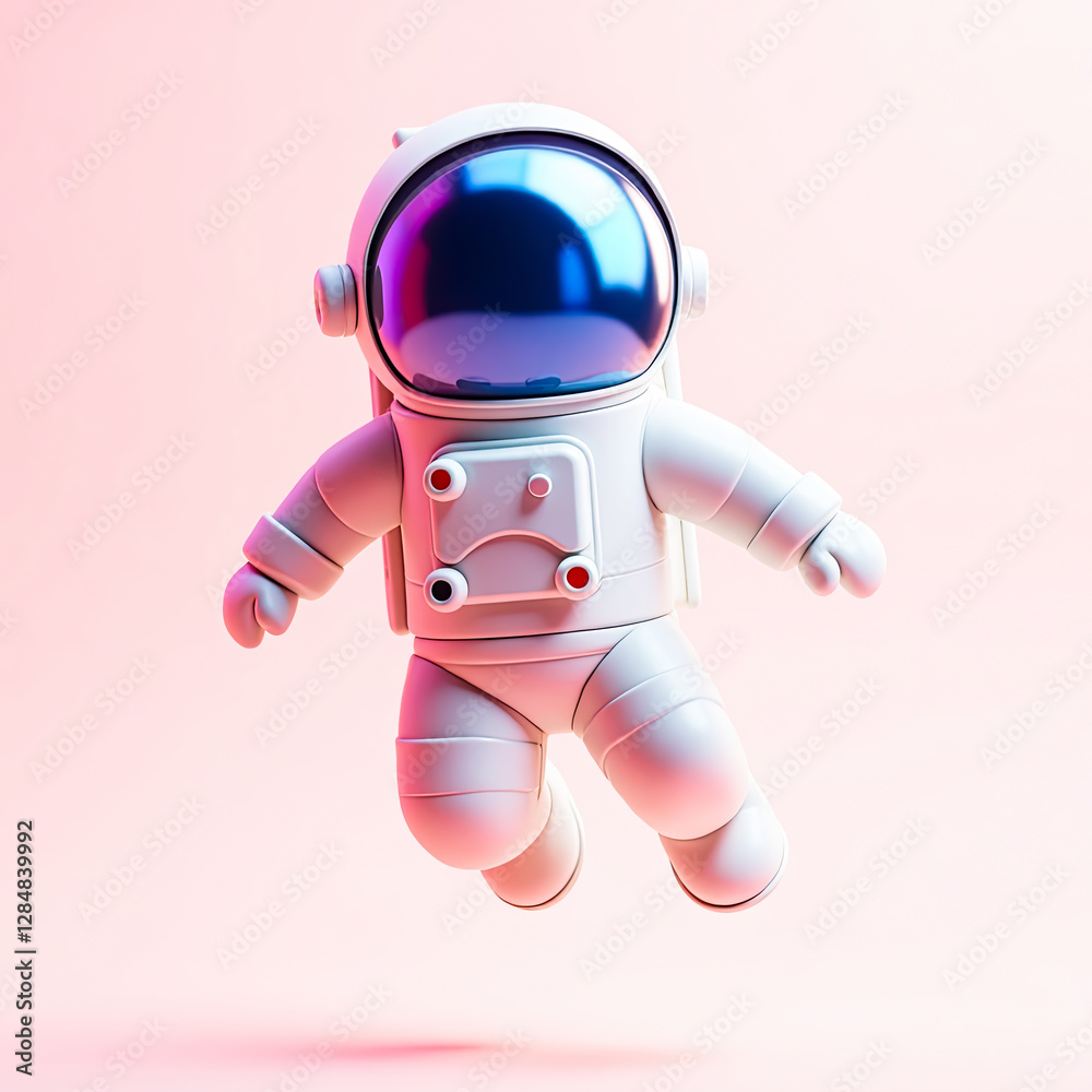 Fototapeta premium charming cartoon astronaut figurine floats against a soft pink background