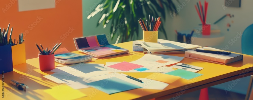 Fototapeta premium Colorful workspace with stationery and papers on yellow desk
