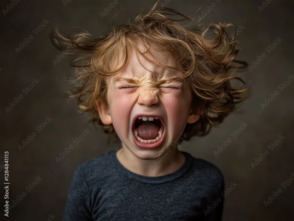 Child with curly hair expressing intense emotion loudly Child with curly hair expressing intense emotion loudly
