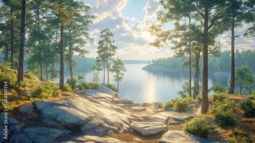 Sunlit Lakeside Forest Path, calm water, dramatic clouds Sunlit Lakeside Forest Path, calm water, dramatic clouds
