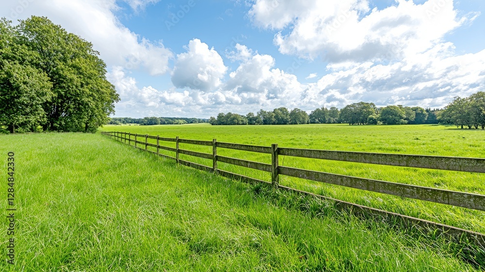 Sunny day, green pasture, wooden fence, trees, clouds Sunny day, green pasture, wooden fence, trees, clouds