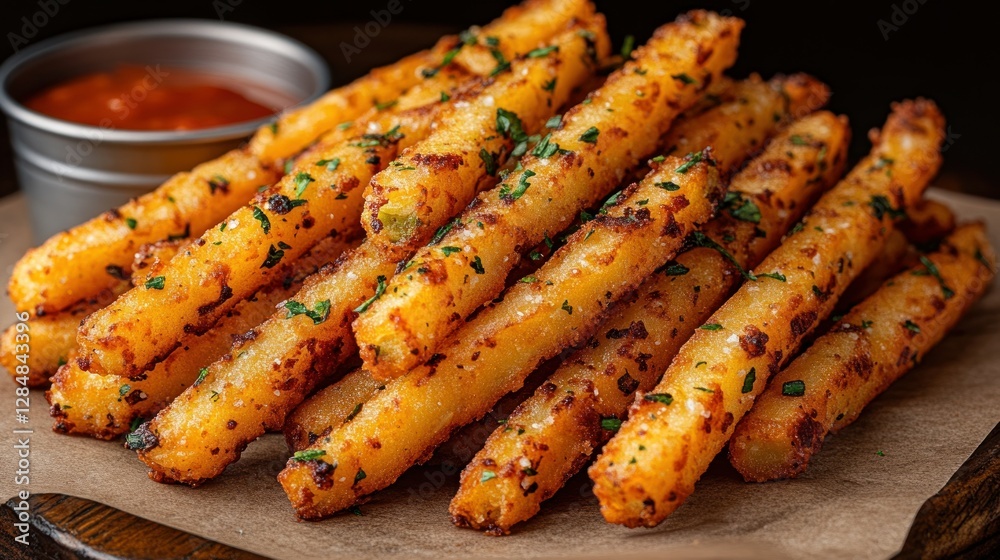 Crispy potato fries, seasoned, on parchment paper, with a dipping sauce, restaurant setting Crispy potato fries, seasoned, on parchment paper, with a dipping sauce, restaurant setting