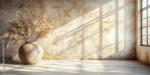 Sunlit Rustic Room with Dried Flowers in Earthen Vase
