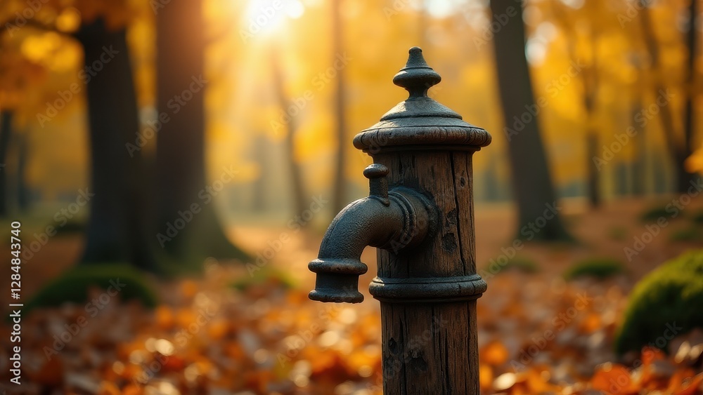 Fototapeta premium Tapping spout, Close-up front view of a weathered wooden tapping spout in a golden autumn forest with HDR lighting.