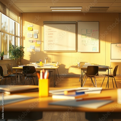 Sunny classroom interior with desks, chairs, whiteboard, and windows. Use for education, learning, or school themes photo