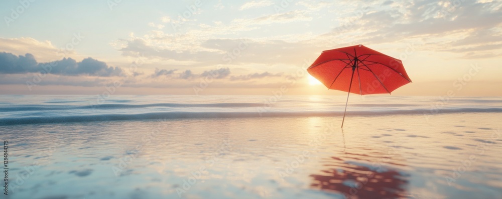 Red umbrella at sunset on serene beach with gentle waves and soft clouds Red umbrella at sunset on serene beach with gentle waves and soft clouds
