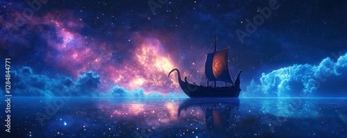 Viking ship silhouetted against a vibrant galaxy and reflective ocean at night