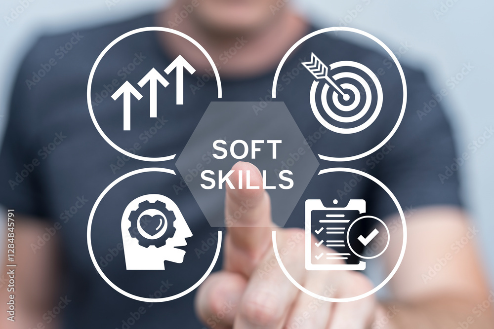 Person using virtual touch screen push inscription: SOFT SKILLS. Soft Skills Business concept. Skill development. Skills training, education learning concept. Learn new skills, knowledge or ability.
