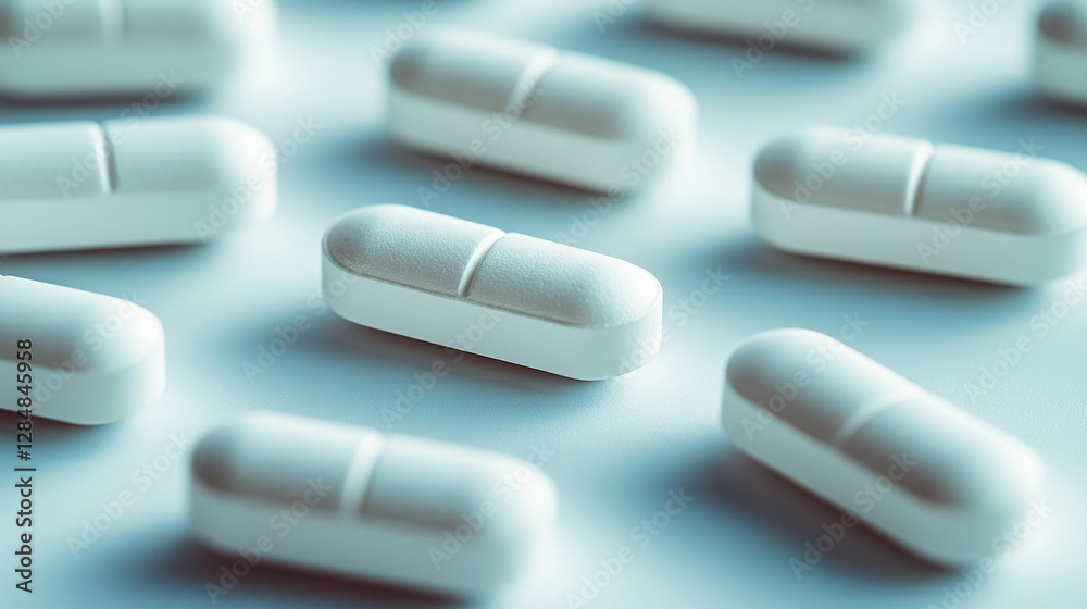 pristine white oblong pills on a minimalist white background, symbolizing modern medicine, health, and well-being pristine white oblong pills on a minimalist white background, symbolizing modern medicine, health, and well-being