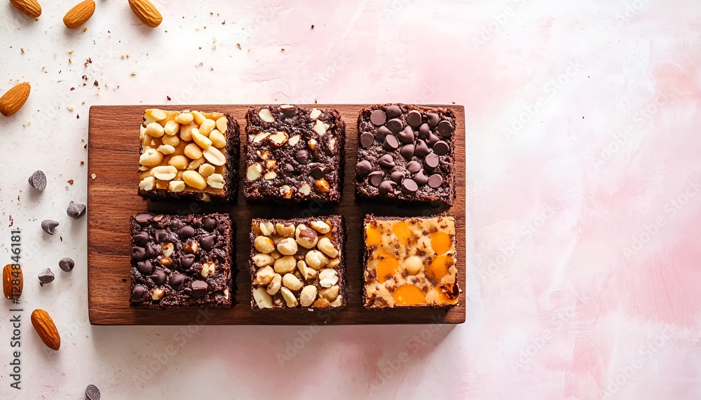 Various Topping of Squared Brownies with Almond, Cheese, Peanuts, Biscuit and Chocolate Chips on a wood tray on a white pink abstract textured table Various Topping of Squared Brownies with Almond, Cheese, Peanuts, Biscuit and Chocolate Chips on a wood tray on a white pink abstract textured table