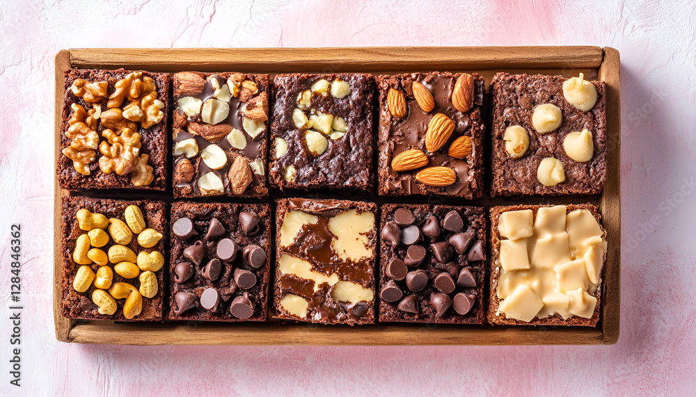 Various Topping of Squared Brownies with Almond, Cheese, Peanuts, Biscuit and Chocolate Chips on a wood tray on a white pink abstract textured table Various Topping of Squared Brownies with Almond, Cheese, Peanuts, Biscuit and Chocolate Chips on a wood tray on a white pink abstract textured table