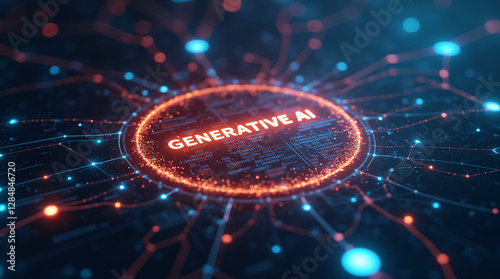 Abstract futuristic background with glowing circuitry and a digital interface displaying the words uppercase 'GENERATIVE AI' inside a circular frame. High-tech feel