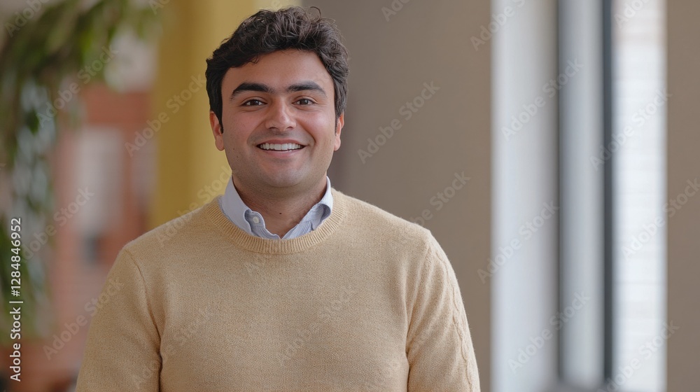 Obraz premium Smiling 30-year-old Indian man in casual attire, quarter view, isolated on white. Space for text.