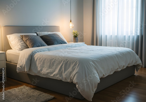 A relaxing sleep environment with soft lighting and comfortable bedding