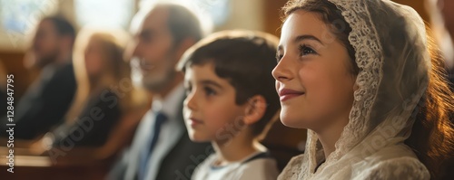 Young caucasian children in church setting observing ceremony