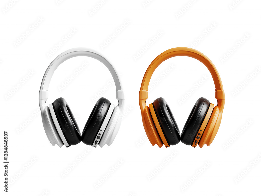 Fototapeta premium two pairs of headphones, one in white and another in orange, side-by-side, with a modern design.
