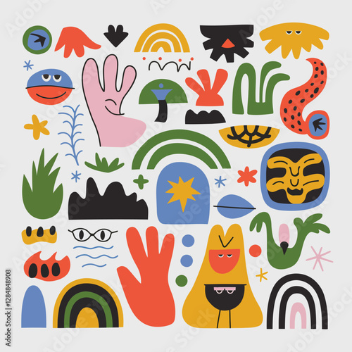vector art pieces ,wall paintings character , encompassing various art , Groovy cartoons, abstract
