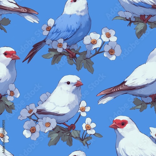 Blue and White Bird Pattern Featuring Small Songbirds and Blossoms on a Vibrant Background photo