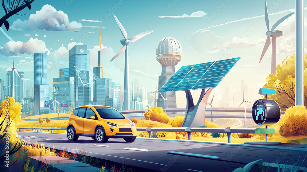 Obraz premium A vibrant cityscape featuring a yellow car driving past wind turbines and solar panels, symbolizing sustainable energy and modern urban living.
