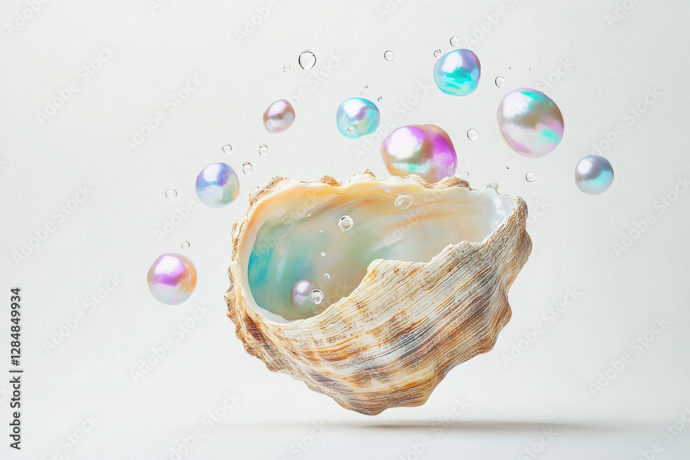 A stunning image of a textured seashell surrounded by lustrous pearls and bubbles, set against a light background, creating an ethereal and serene atmosphere.