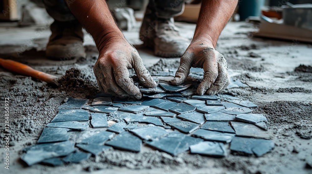 Close-Up of Worker’s Hands Repairing Broken Tiles on a Concrete Floor with Grey Sand Background Close-Up of Worker’s Hands Repairing Broken Tiles on a Concrete Floor with Grey Sand Background