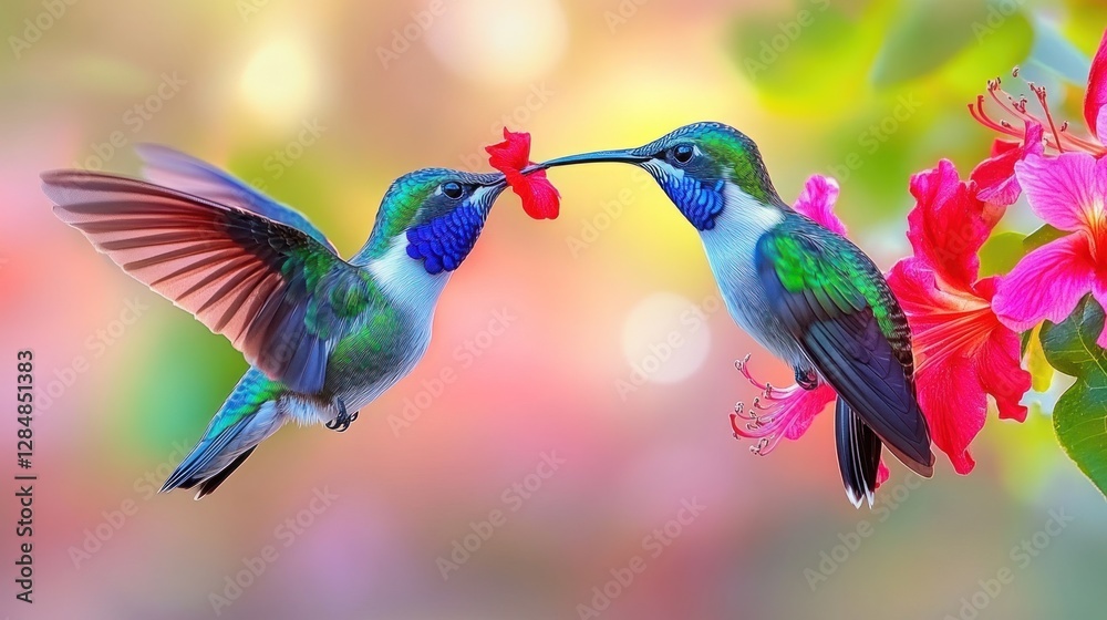 Fototapeta premium Two hummingbirds feeding on vibrant flowers in a garden setting
