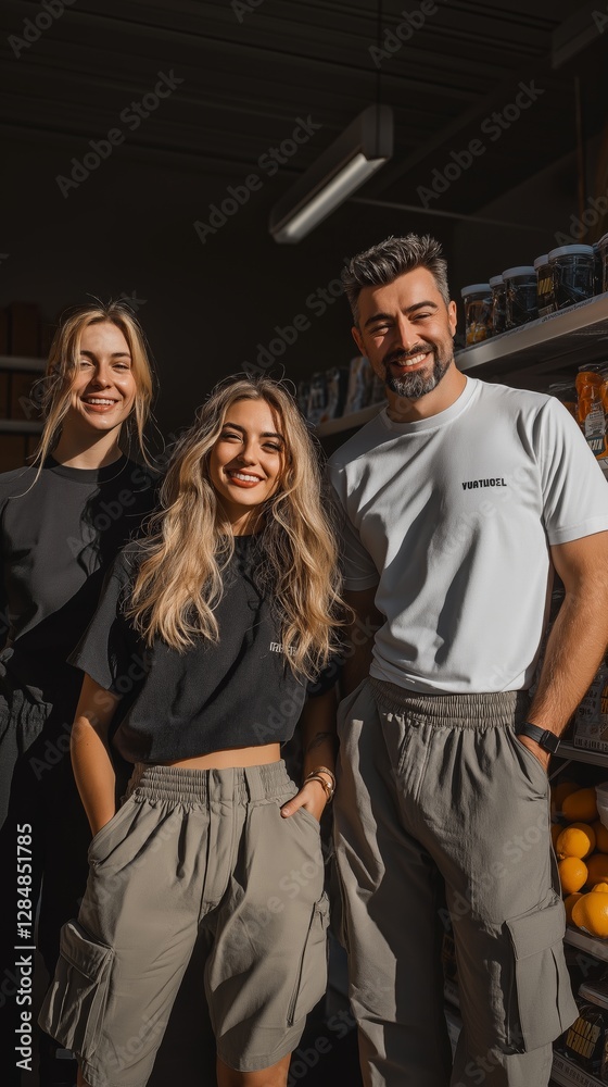 Obraz premium Trendy European friends in casual outfits posing confidently inside a modern store, representing youth fashion and urban lifestyle