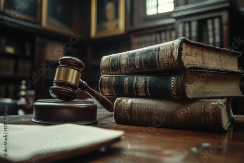 Wallpaper Mural A wooden gavel sits next to vintage law books on a wooden table in an ornate library filled with dark shelves and rich history. Generative AI Torontodigital.ca