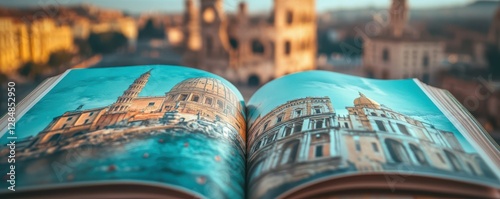 Open book with colorful architectural illustrations in front of blurred ancient cityscape