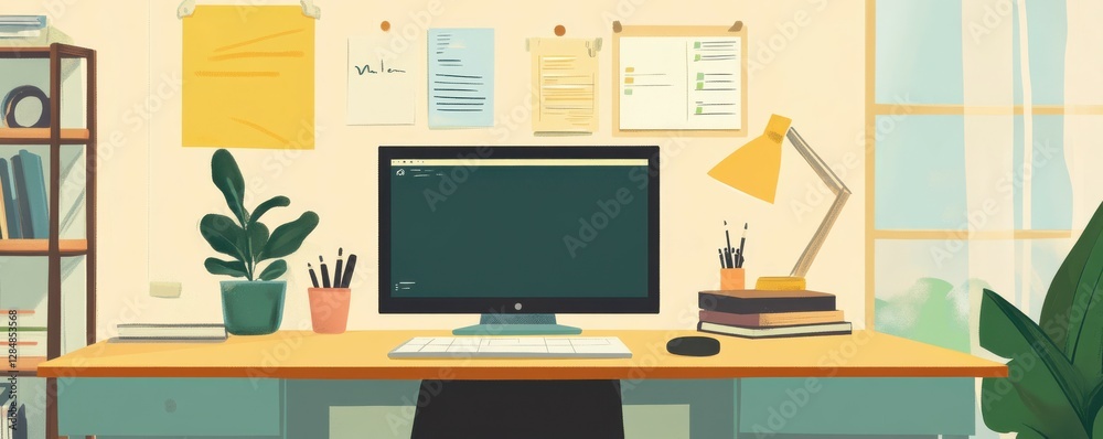 Fototapeta premium Cozy home office workspace with computer and plants