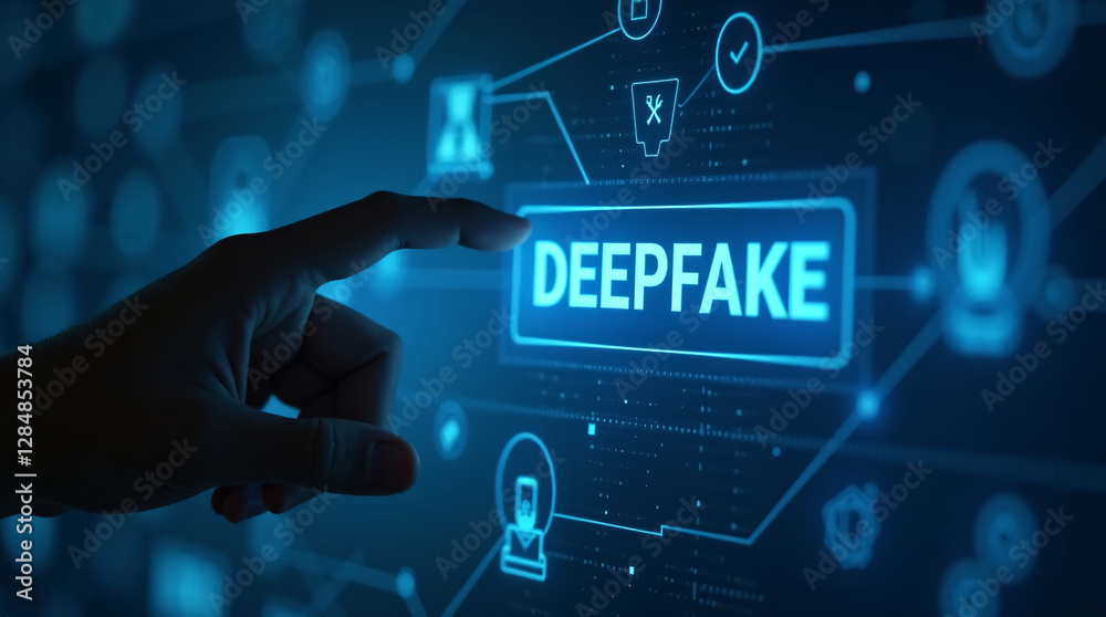 Hand reaching out to press a red button labeled 'DEEPFAKE' on a glowing blue digital interface. Futuristic, abstract background Hand reaching out to press a red button labeled 'DEEPFAKE' on a glowing blue digital interface. Futuristic, abstract background