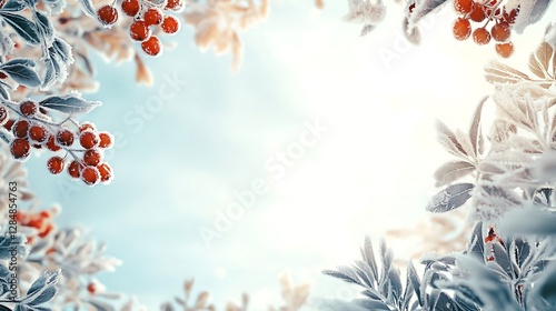 Hoarfrost covers frozen rowanberries branches with snow. Close-up background of Christmas or winter banner with copy space.