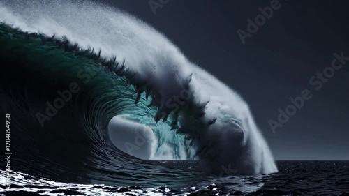 A tsunami wave is captured in its dark, ominous form, with the water curling and crashing over, displaying immense power and a sense of danger