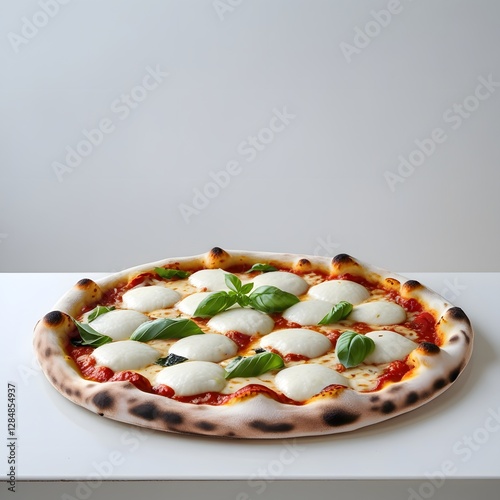 A freshly baked, steaming hot pizza placed on a clean, white table, with a smooth, glossy crust, generous helpings of melted mozzarella cheese, and a sprinkle of fresh basil leaves, against a stark wh