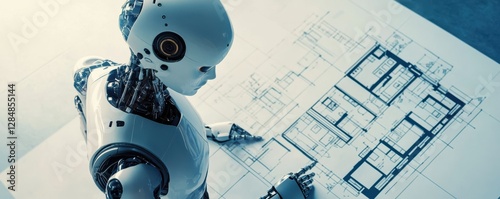 Futuristic robot analyzing architectural blueprints in a modern design studio photo