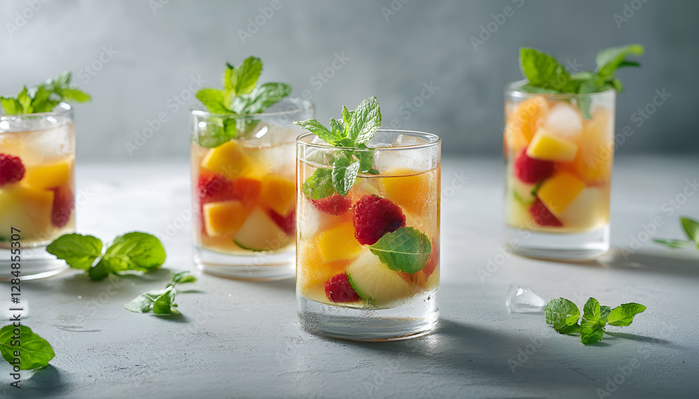 Red wine sangria or punch with fruits, mint and ice in glasses. Homemade refreshing fruit sangria over rustic white table, copy space Red wine sangria or punch with fruits, mint and ice in glasses. Homemade refreshing fruit sangria over rustic white table, copy space
